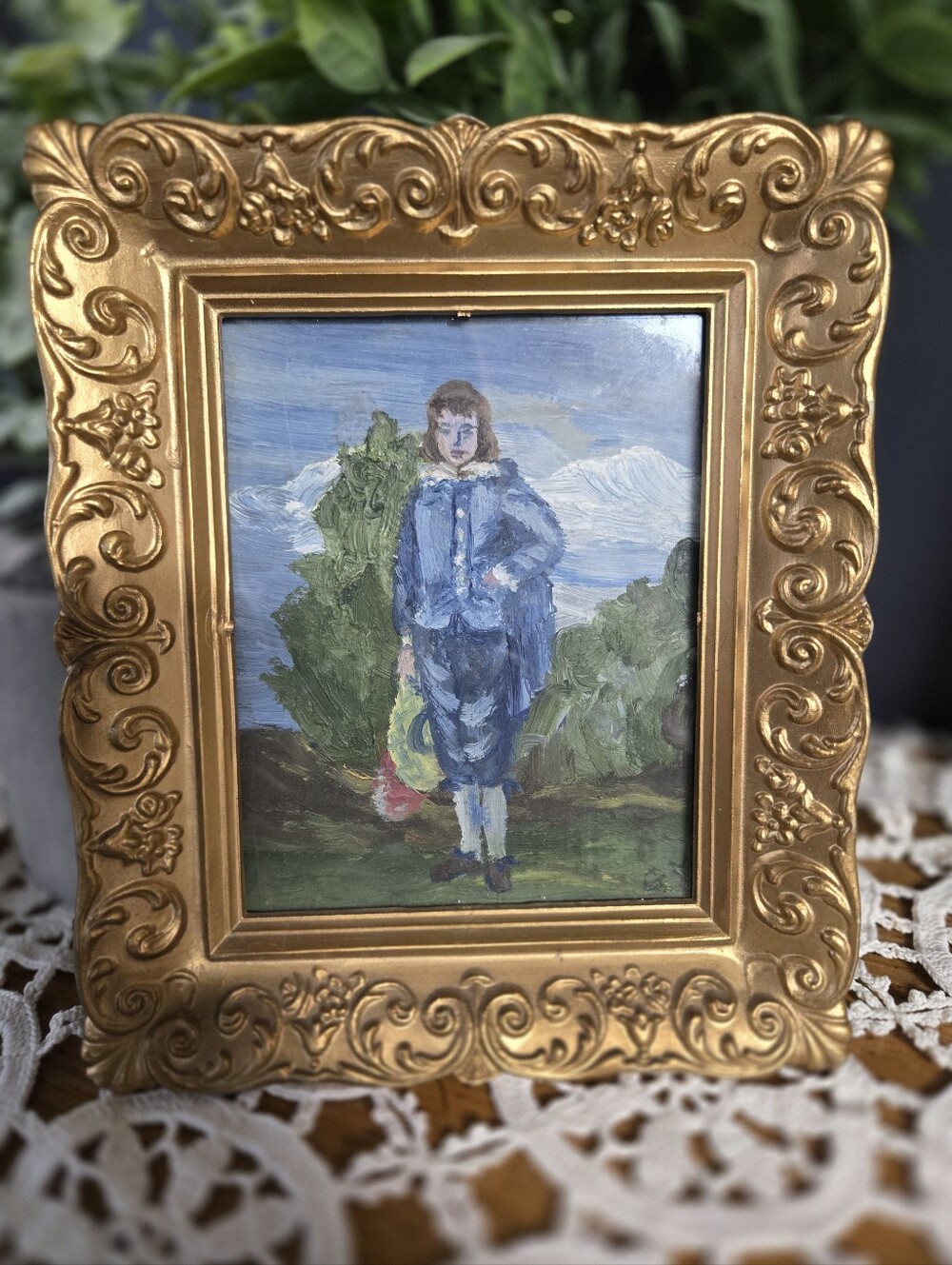 Miniature Print “Blue Boy” Portrait in Ornate Gold Frame